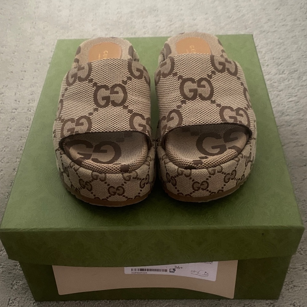 Gucci Brown GG Canvas Platform Slides
